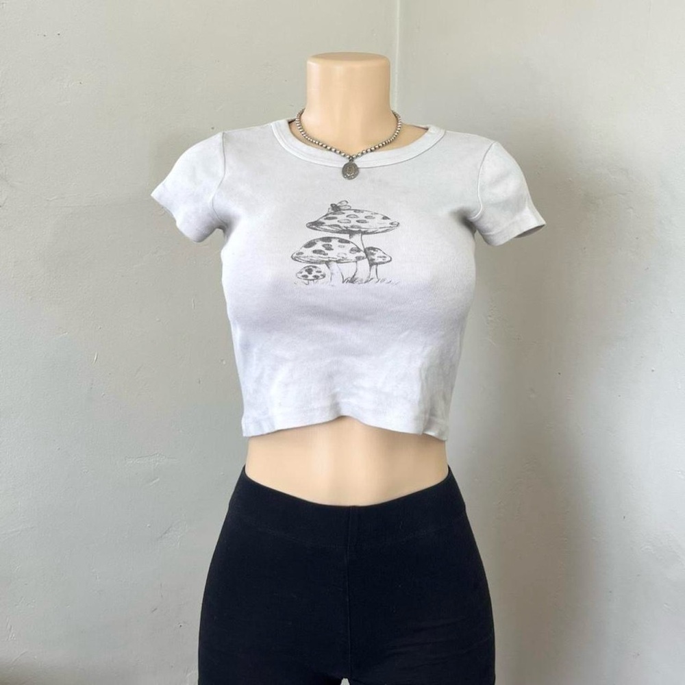 Brandy Melville White Mushroom Graphic Crop Top